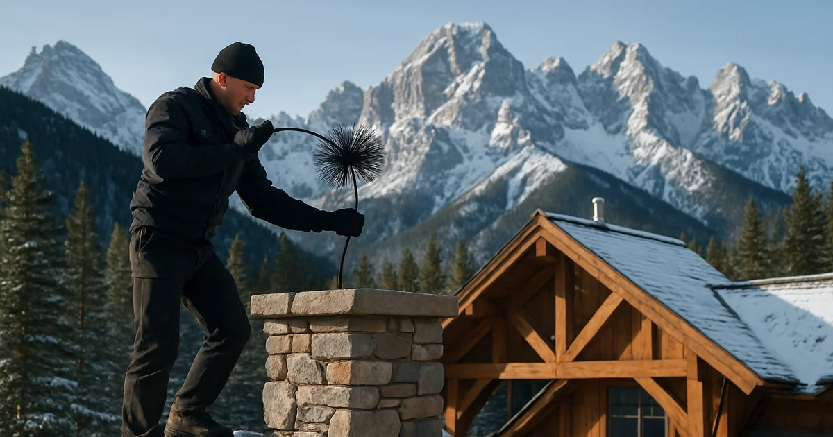 Chimney sweep working on a stone chimney with the Rockies behind, Kalispell, MT