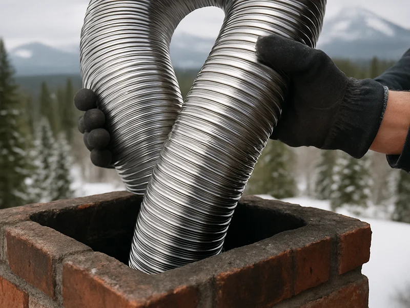 Stainless steel chimney liner being lowered into a masonry flue