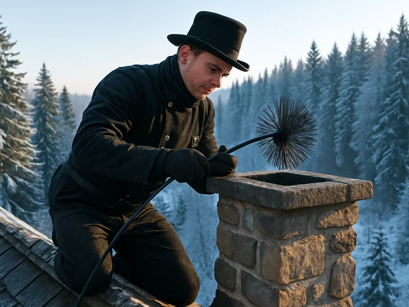 Chimney sweep feeding a rotary brush down a stone flue in the Flathead Valley