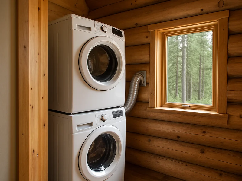 Cabin laundry area with dryer vent through a wood wall