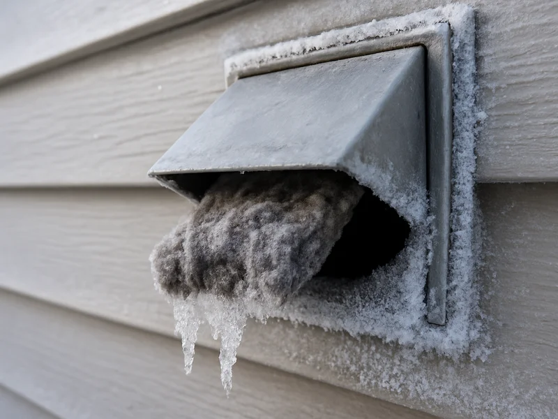 Dryer vent hood iced open by lint buildup